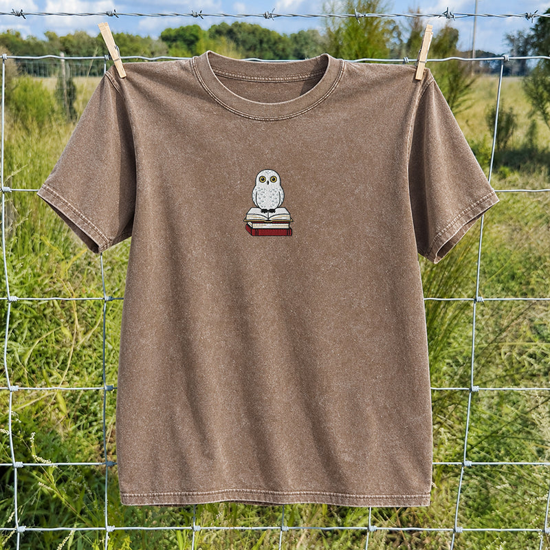 Embroidered Snow Owl On Bookstack Washed Crew Neck T-Shirt