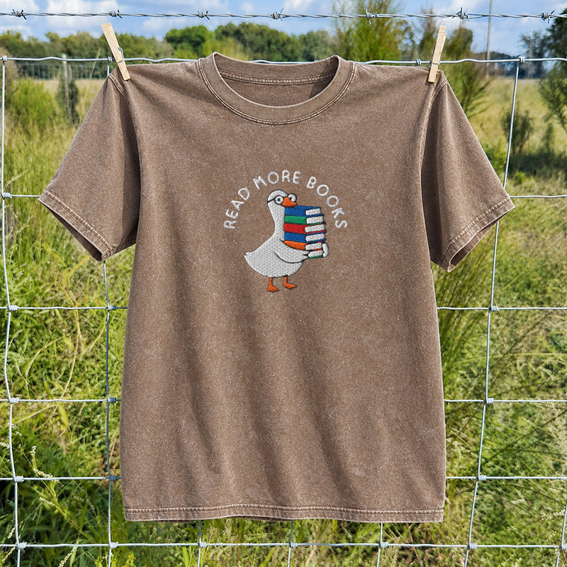 Embroidered Goose Read More Books Washed Crew Neck T-Shirt