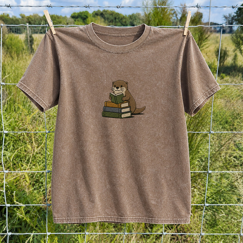 Embroidered Reading Otter Washed Crew Neck T-Shirt