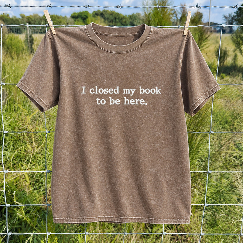 Embroidered Close Book Be Here Washed Crew Neck T-Shirt