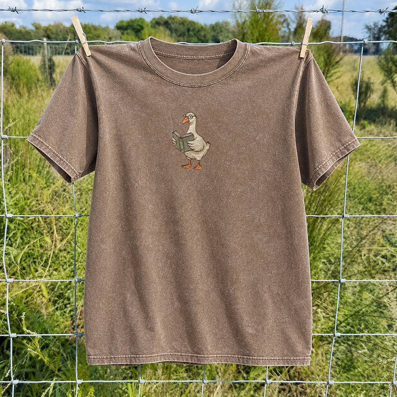 Embroidered Reading Goose Washed Crew Neck T-Shirt