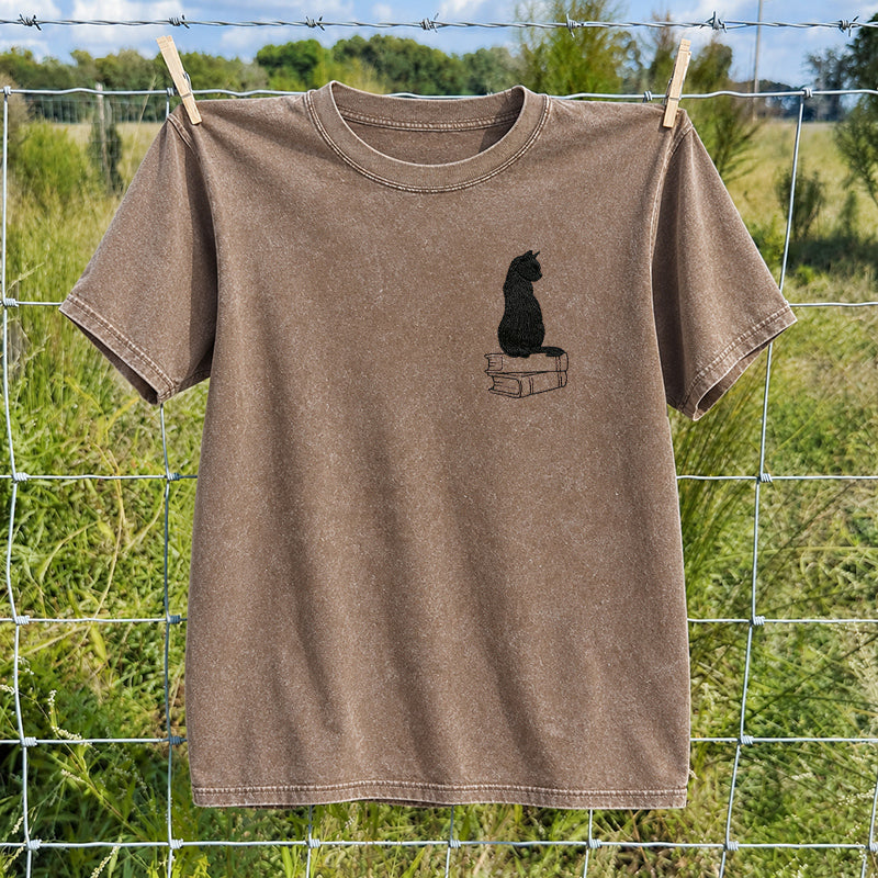 Embroidered Black Cat On Books Washed Crew Neck T-Shirt