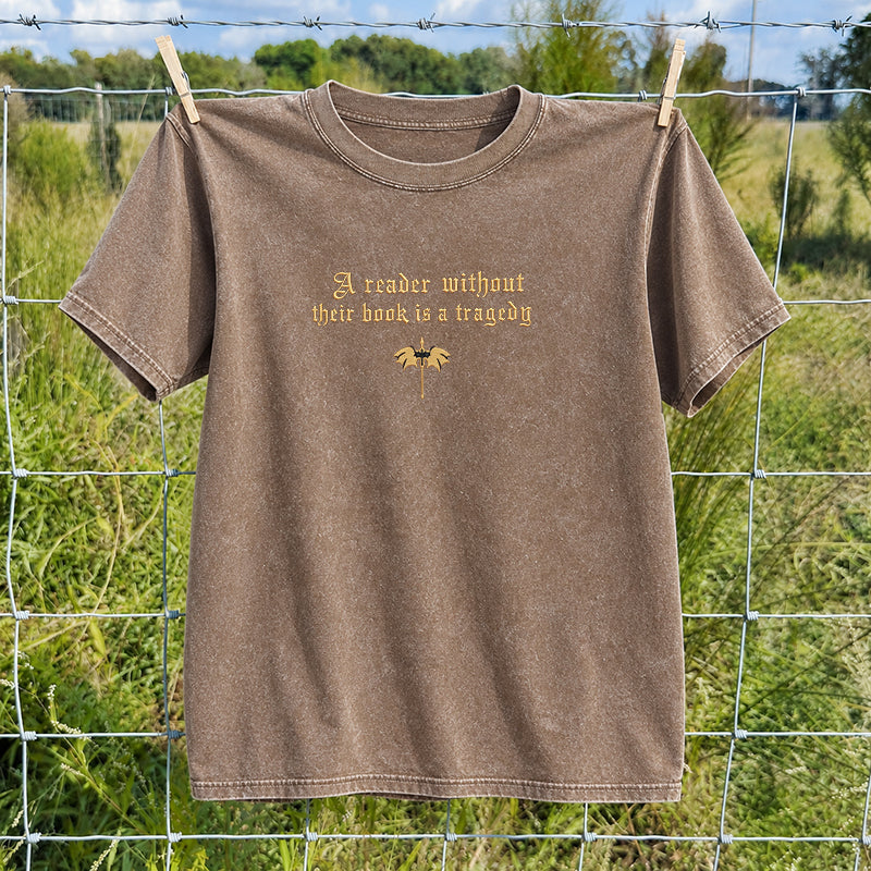 Embroidered Dragon Rider Book Lover Washed Crew Neck T-Shirt