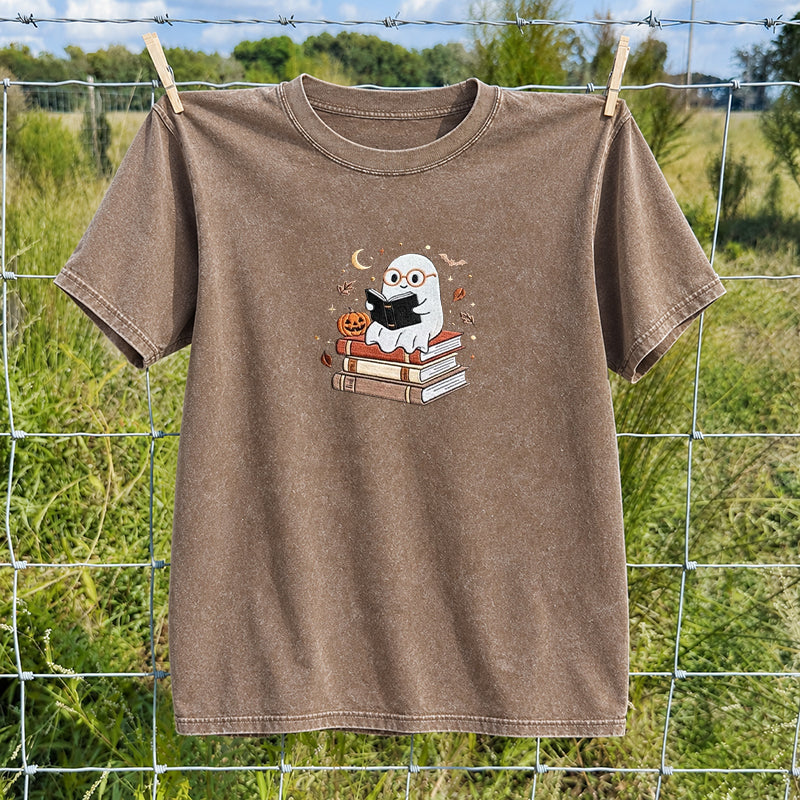 Embroidered Ghost Reading Books Washed Crew Neck T-Shirt
