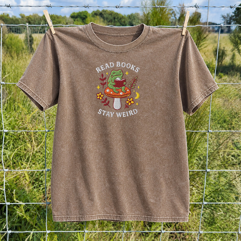 Embroidered Read Books Stay Weird Reading Frog Washed Crew Neck T-Shirt