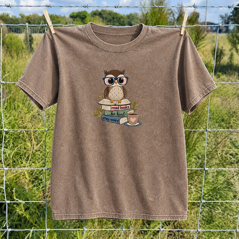 Embroidered Read Books Be Kind Owl Washed Crew Neck T-Shirt