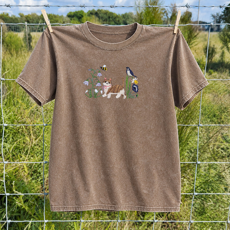 Embroidered Cat Wildflower Washed Crew Neck T-Shirt
