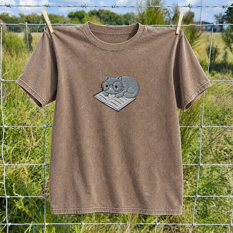 Embroidered Cat On Book Washed Crew Neck T-Shirt