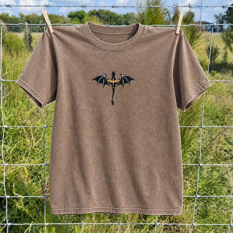 Embroidered Fantasy Book Dragon Washed Crew Neck T-Shirt
