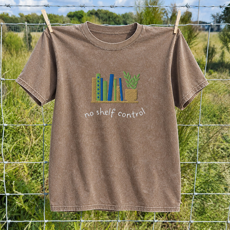 Embroidered No Shelf Control Book Washed Crew Neck T-Shirt