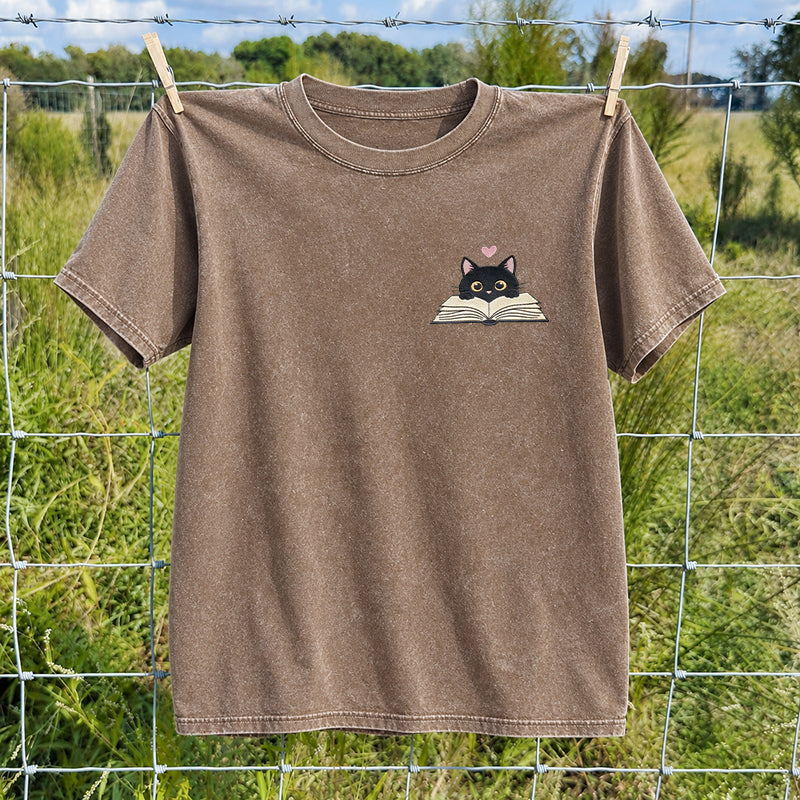 Embroidered Reading Black Cat Washed Crew Neck T-Shirt