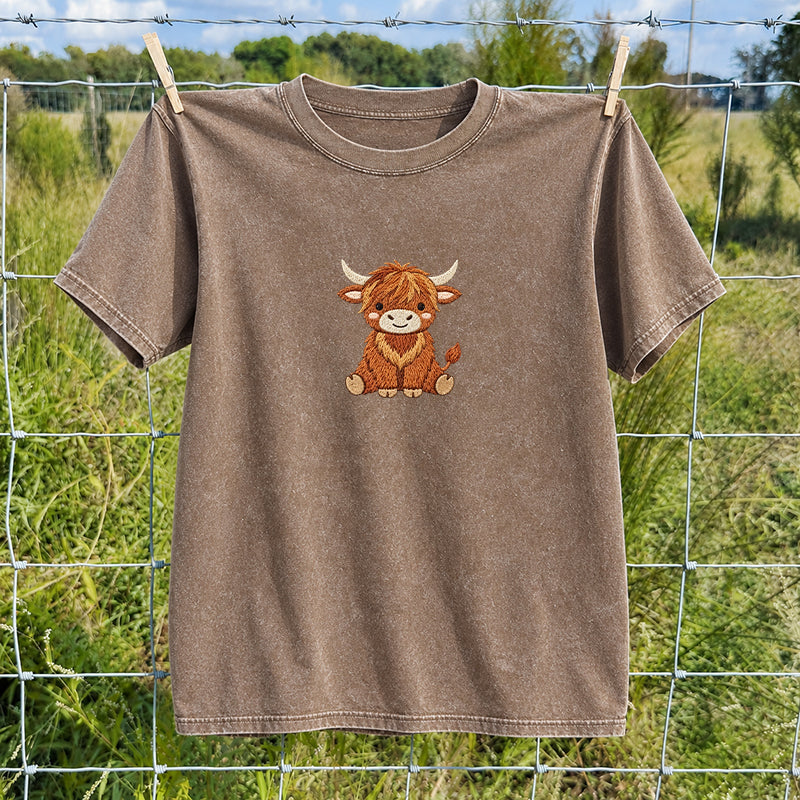 Embroidered Highland Cow Washed Crew Neck T-Shirt