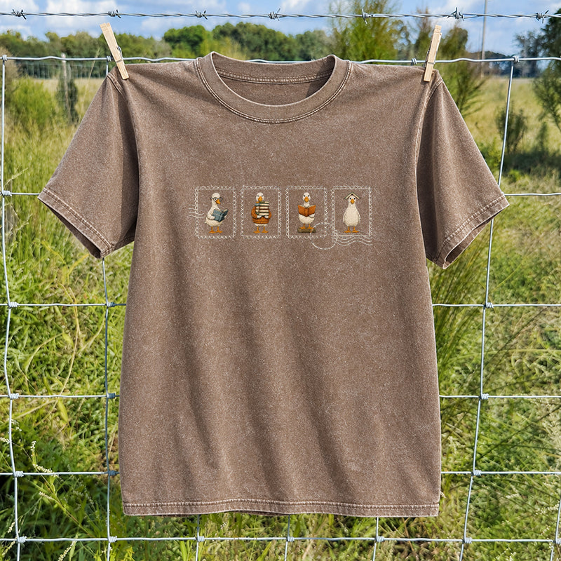 Embroidered Silly Goose Reading Washed Crew Neck T-Shirt