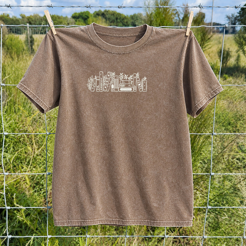 Embroidered Flower Book Washed Crew Neck T-Shirt