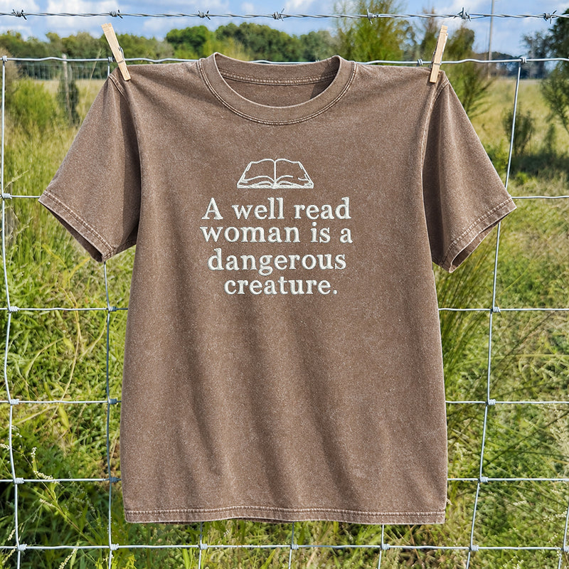 Embroidered A Well Read Woman Washed Crew Neck T-Shirt