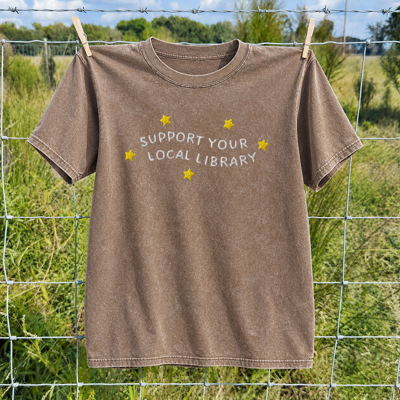 Embroidered Support Your Local Library Washed Crew Neck T-Shirt