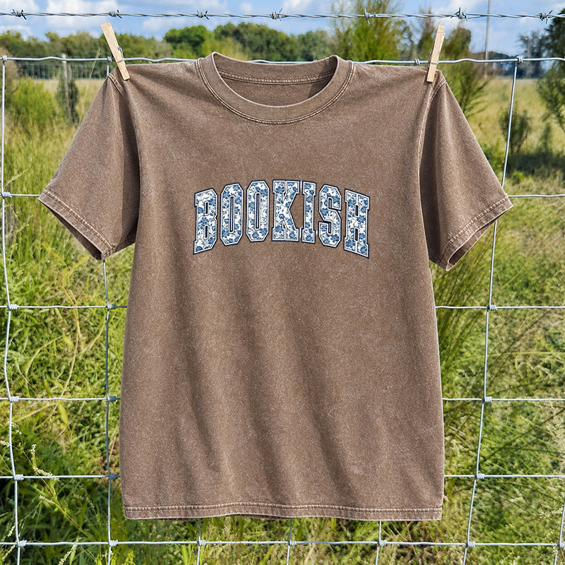 Embroidered Retro Bookish Washed Crew Neck T-Shirt
