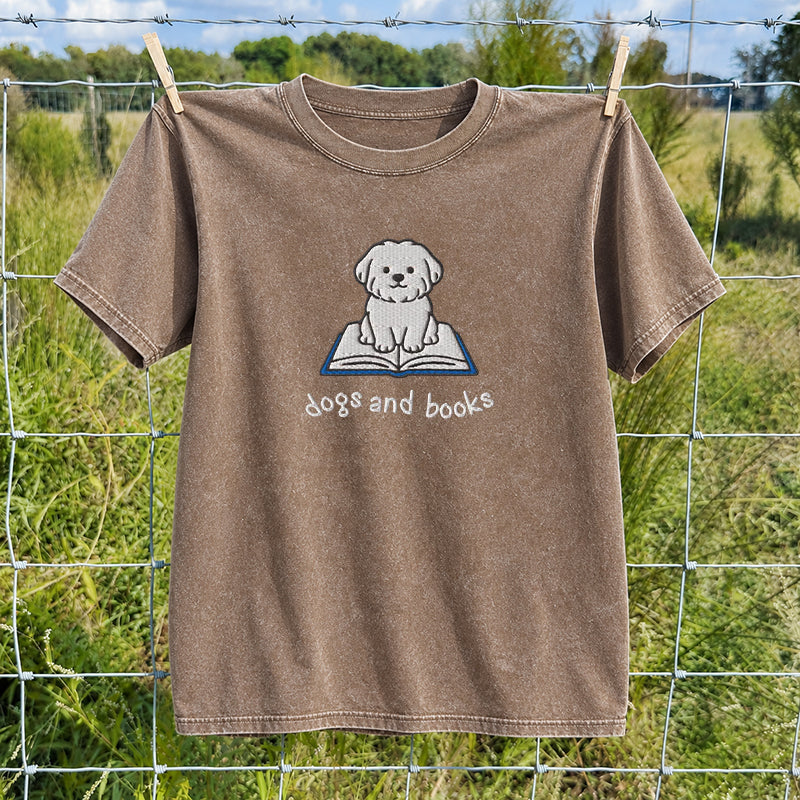 Embroidered Dogs and Books Washed Crew Neck T-Shirt