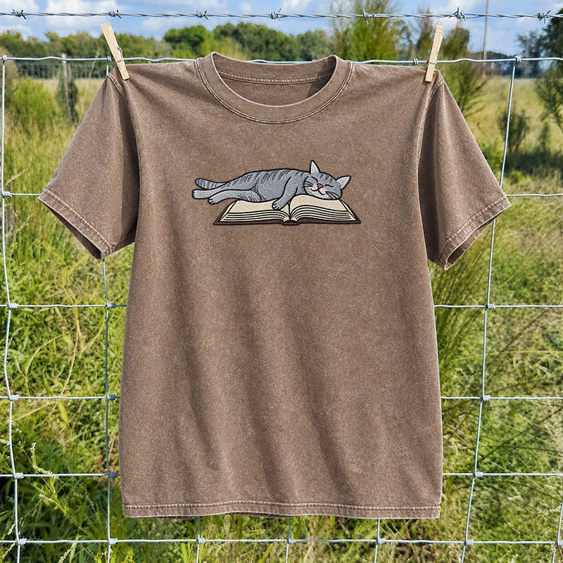 Embroidered Cat Sleeping On Book Washed Crew Neck T-Shirt