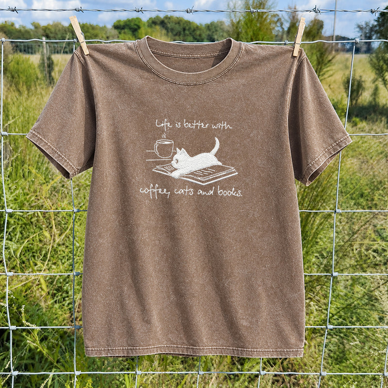Embroidered Coffee Cat and Books Washed Crew Neck T-Shirt