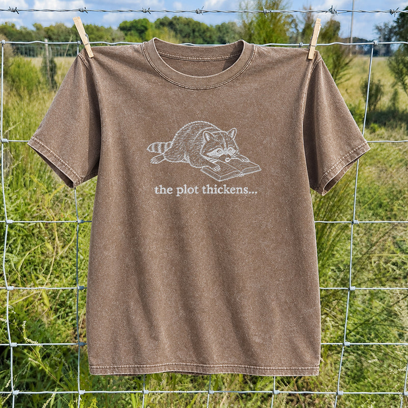 Embroidered The Plot Thickens Reading Raccoon Washed Crew Neck T-Shirt