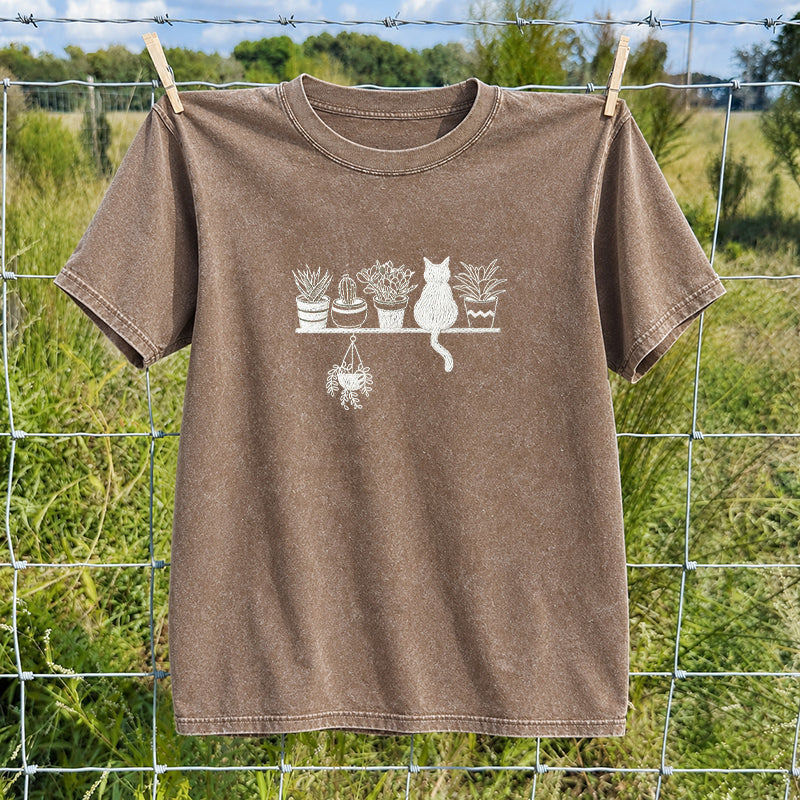 Embroidered Cats And Plants Washed Crew Neck T-Shirt