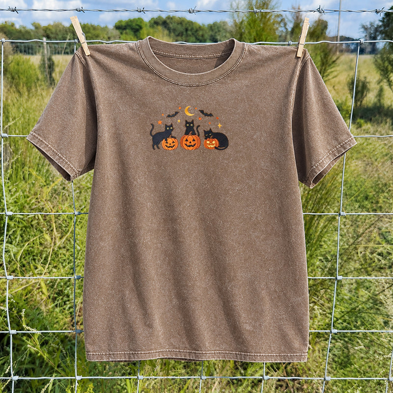 Embroidered Black Cats and Pumpkin Halloween Washed Crew Neck T-Shirt