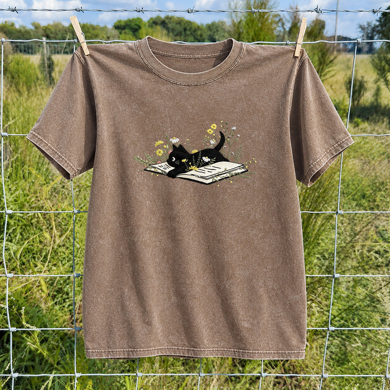 Embroidered Floral Book Cat Washed Crew Neck T-Shirt