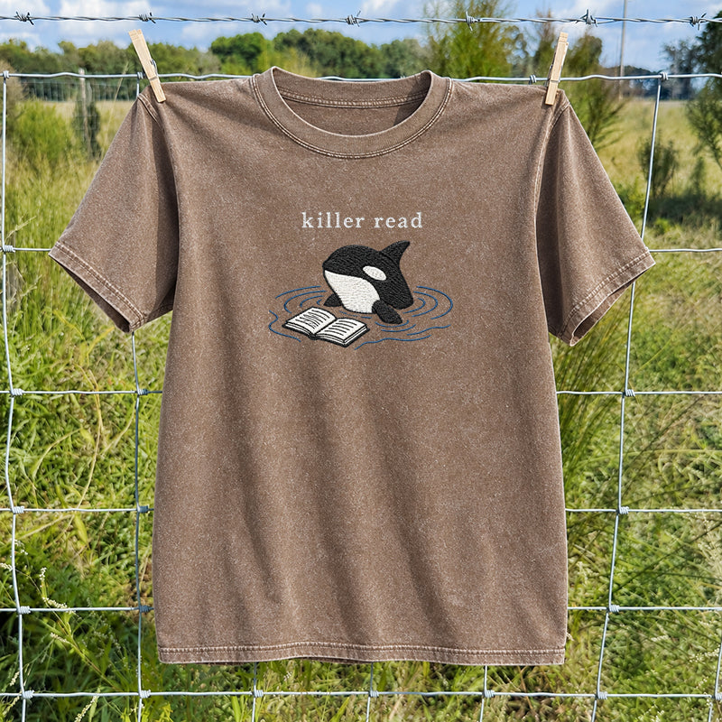 Embroidered Killer Read Orca Washed Crew Neck T-Shirt