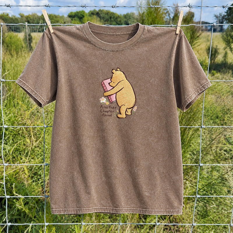 Embroidered Reading Bear Another Chapter Washed Crew Neck T-Shirt
