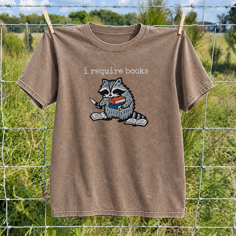 Embroidered I Require Books Washed Crew Neck T-Shirt