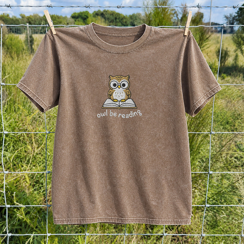 Embroidered Owl Be Reading Washed Crew Neck T-Shirt
