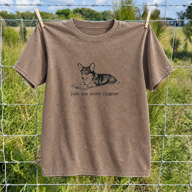 Embroidered One More Chapter Corgi Washed Crew Neck T-Shirt