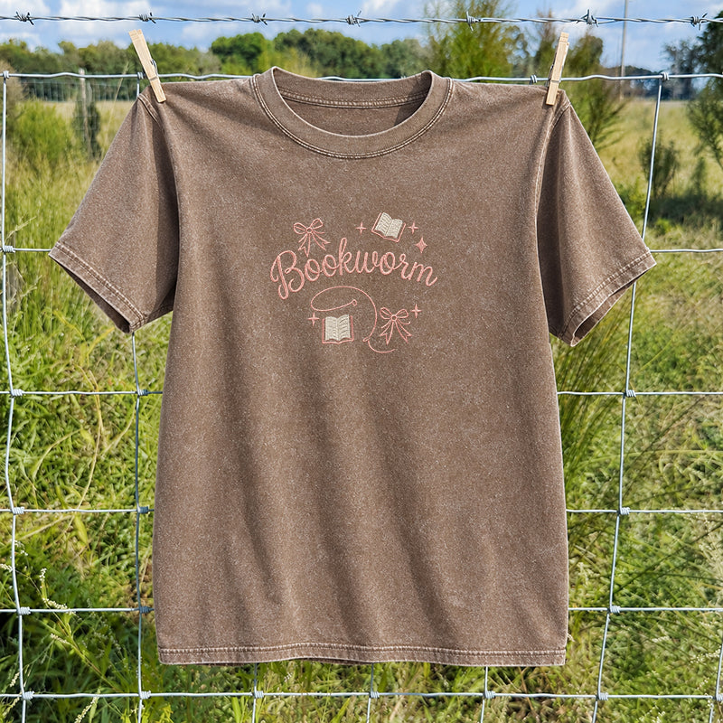 Embroidered Funny Bookworm Washed Crew Neck T-Shirt