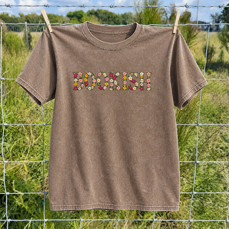 Embroidered Floral Bookish Washed Crew Neck T-Shirt