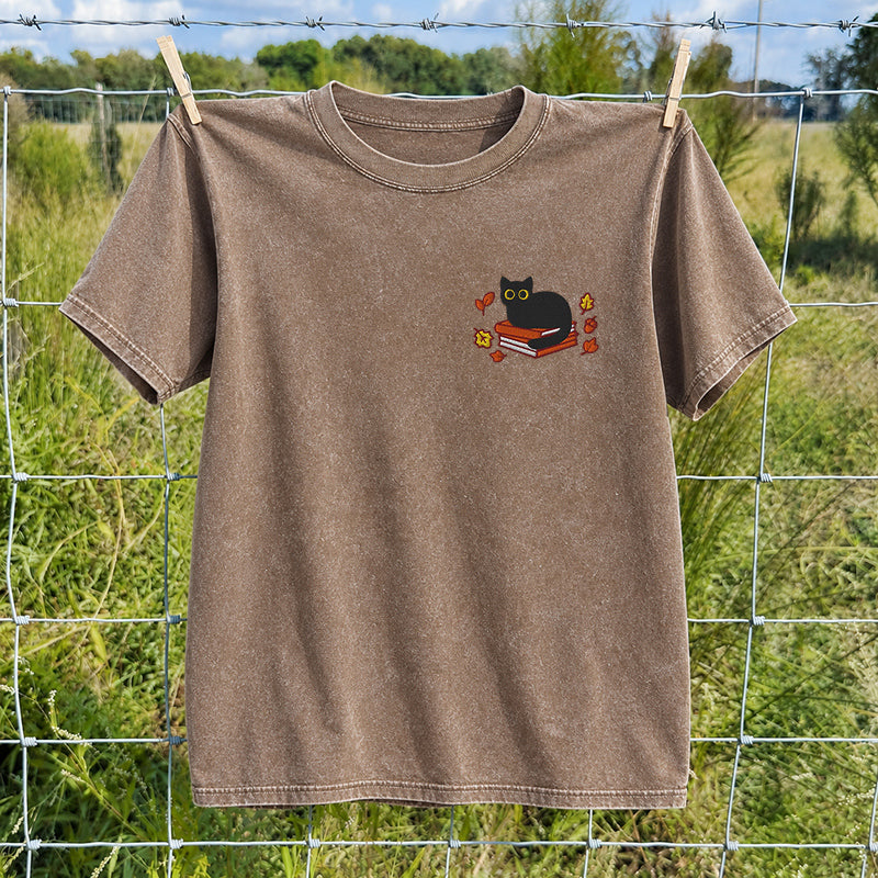 Embroidered Autumn Black Cat Book Washed Crew Neck T-Shirt