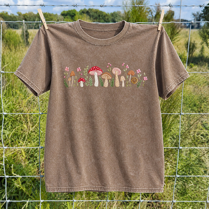 Embroidered Enchanted Mushroom Washed Crew Neck T-Shirt