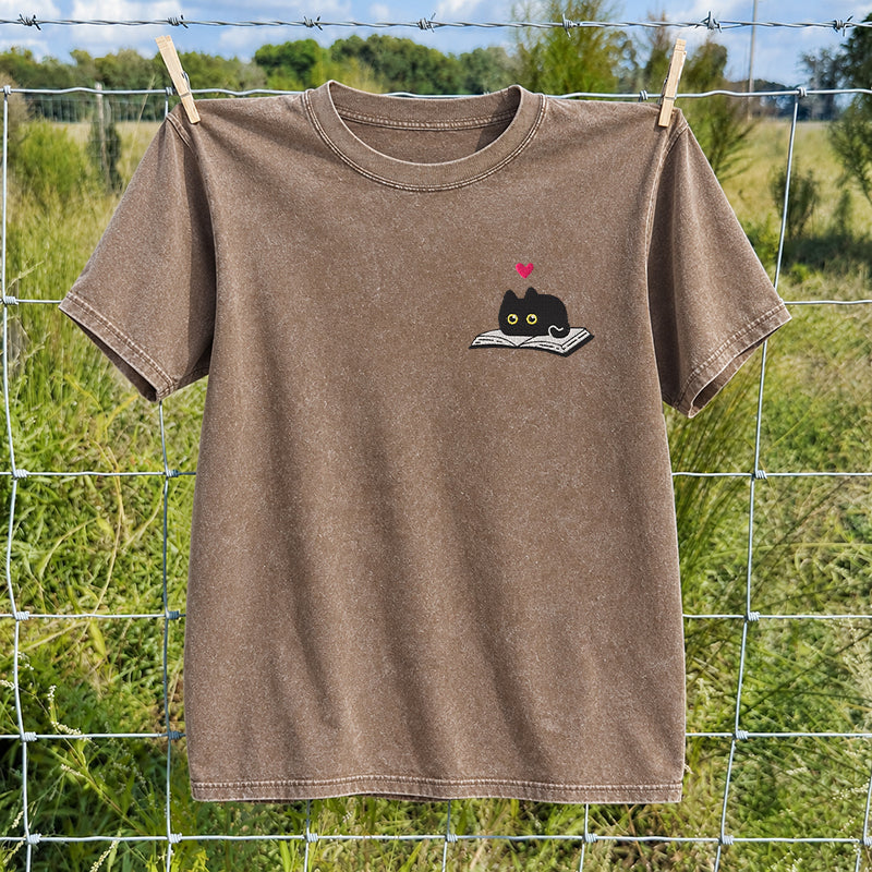 Embroidered Black Cat And Book Washed Crew Neck T-Shirt