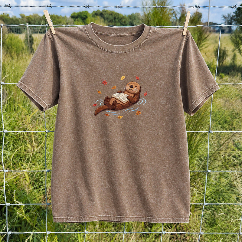 Embroidered Otter Reading Book Washed Crew Neck T-Shirt