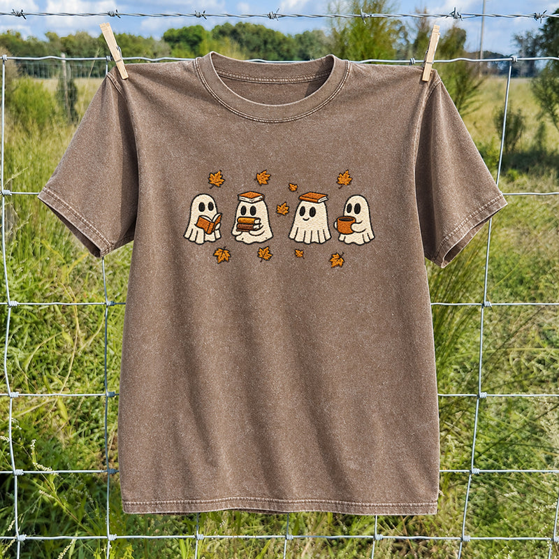 Embroidered Autumn Bookish Ghost Washed Crew Neck T-Shirt