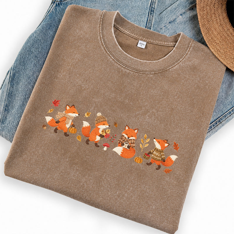 Embroidered Fall Fox Washed Crew Neck T-Shirt