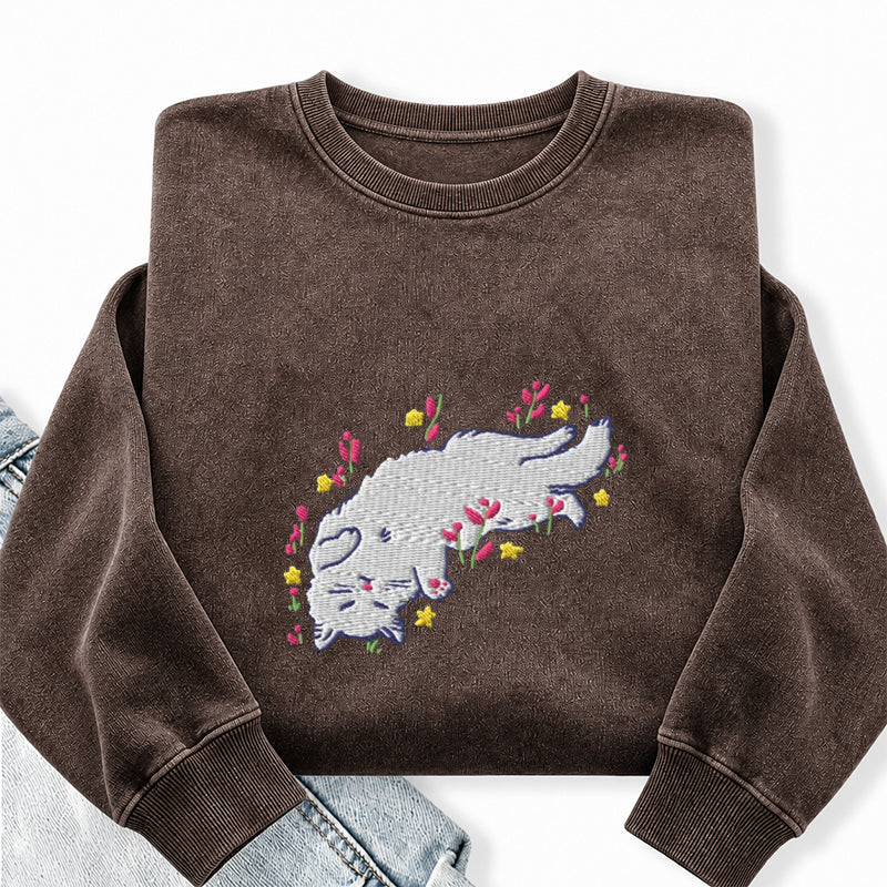 Embroidered Floral Playing Cat Washed Crewneck Sweatshirt