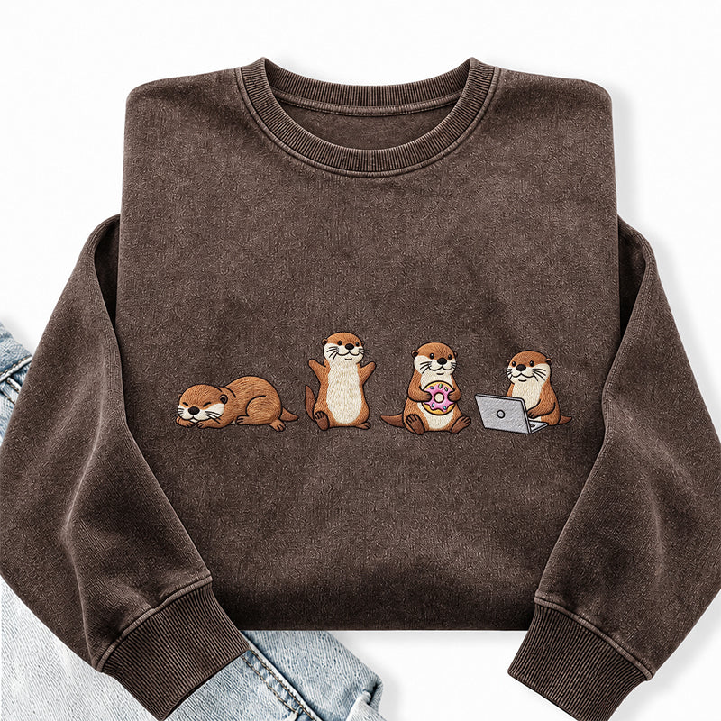 Embroidered Sea Otters Washed Crewneck Sweatshirt