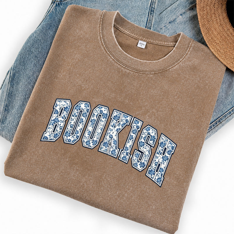 Embroidered Retro Bookish Washed Crew Neck T-Shirt