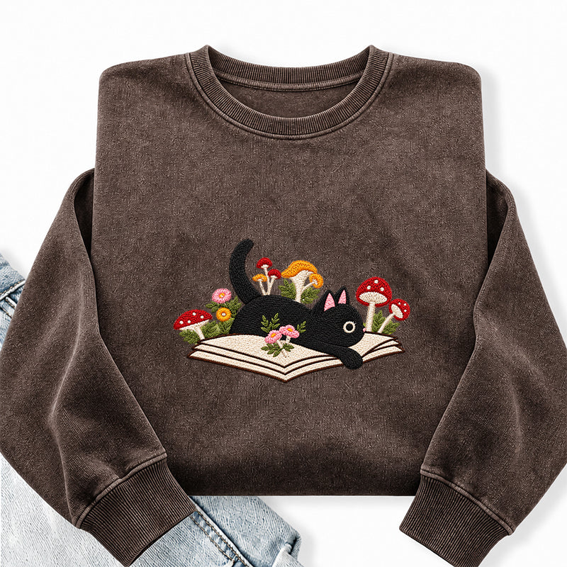 Embroidered Black Cat Mushroom Book Washed Crewneck Sweatshirt