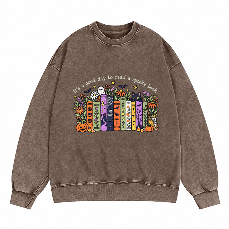 It's a Good Day to Read a Spooky Book Washed Crewneck Sweatshirt