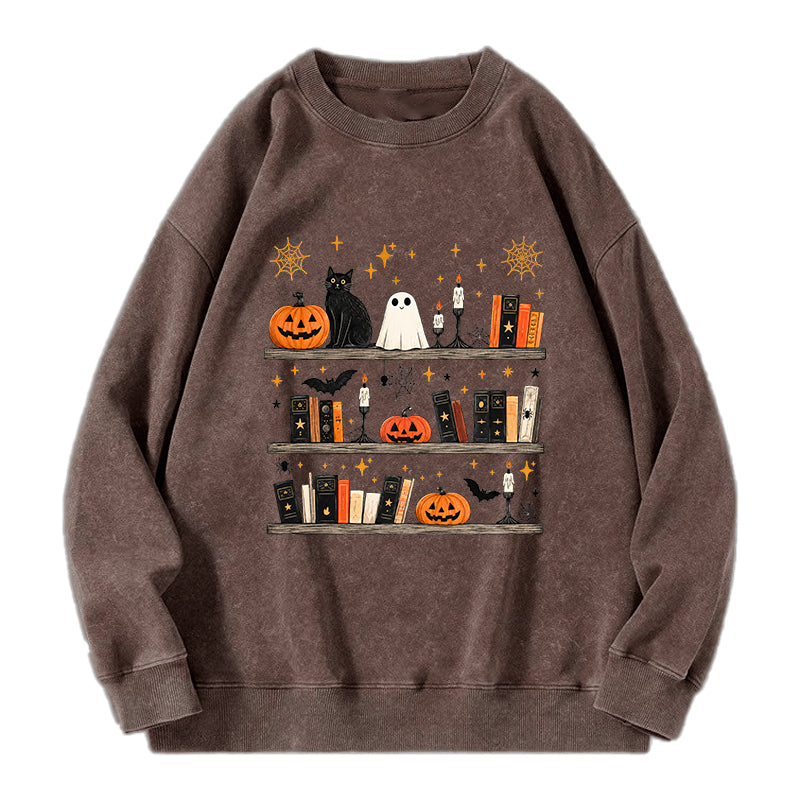 Halloween Book Shelf Washed Crewneck Sweatshirt