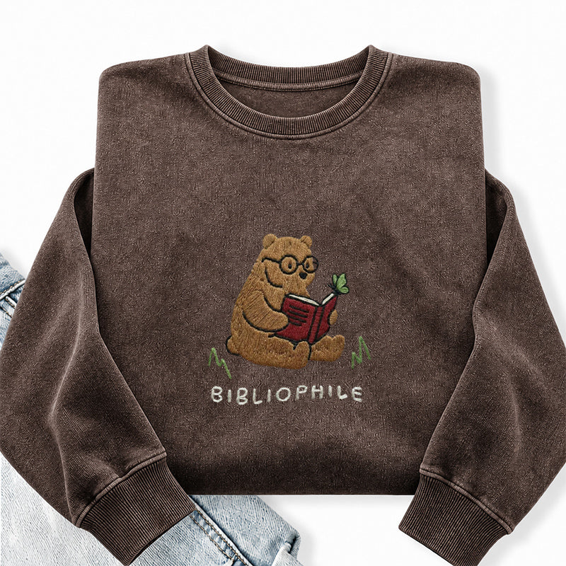 Embroidered Reading Bear Washed Crewneck Sweatshirt