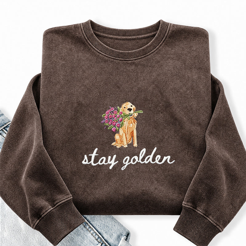Embroidered Stay Golden Washed Crewneck Sweatshirt