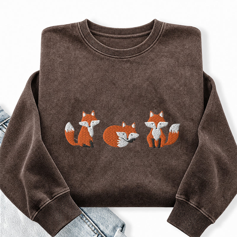 Embroidered Three Fox Washed Crewneck Sweatshirt